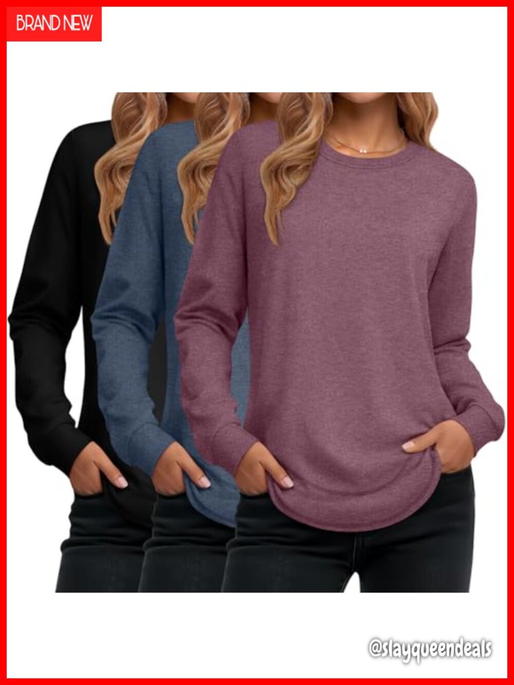3 Pack Womens Cotton Long Sleeve Tunic Sweatshirts Loose Fit Crewneck